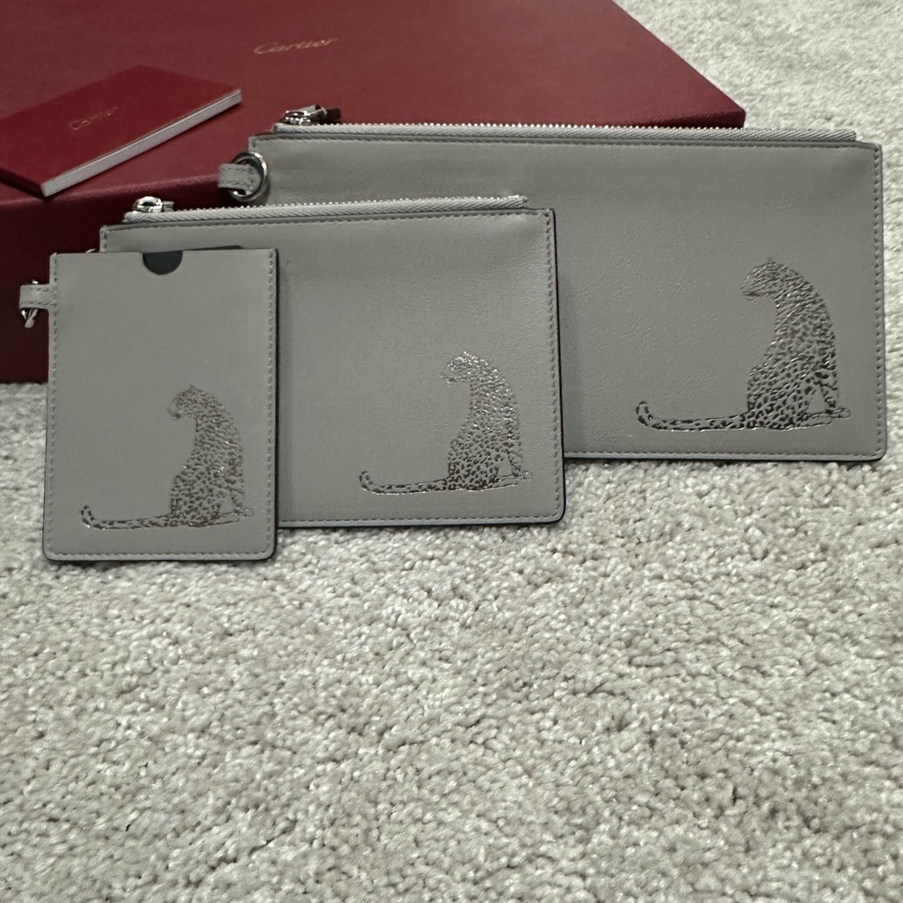 Cartier Gray Leather Pouch Set with Iconic Panther Design